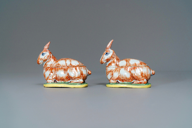 A pair of polychrome Dutch Delft 'hare' tureens, 18th C.